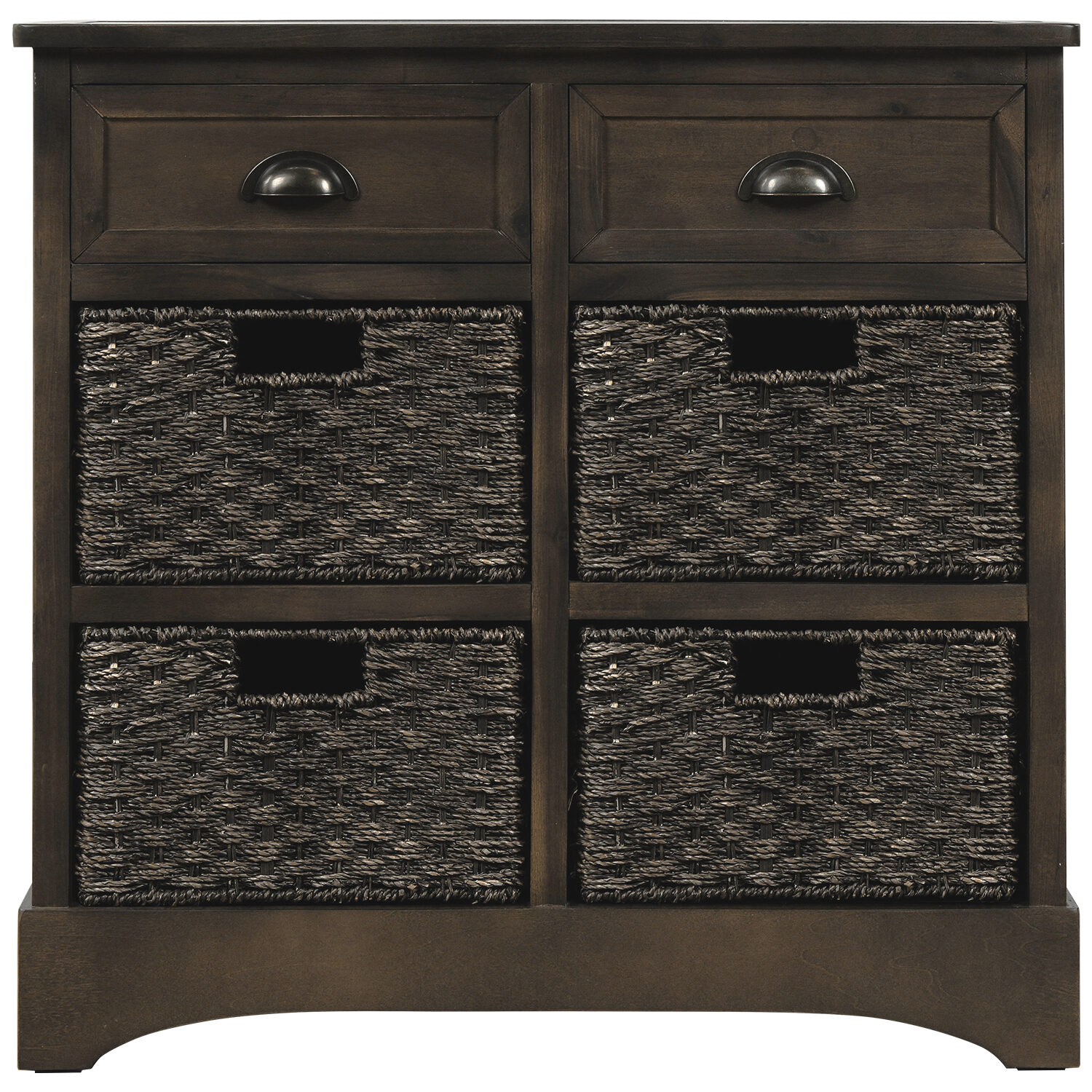 Rustic Storage Cabinet with Two Drawers, Four Classic Rattan Basket Storage Shelves, Bookcases with Rubber Pads at The Bottom - Espresso