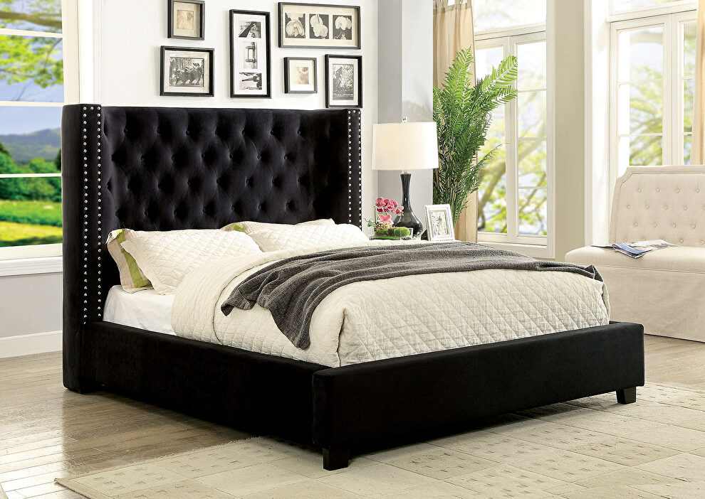 Dark gray fully upholstered frame transitional king bed by Furniture of America