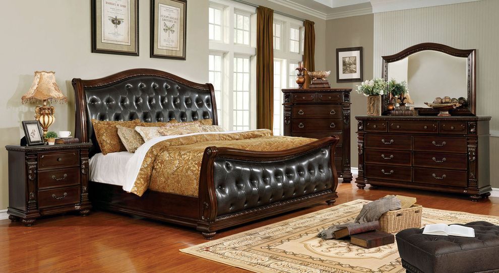 Dark cherry finish tufted headboard modern bed by Furniture of America