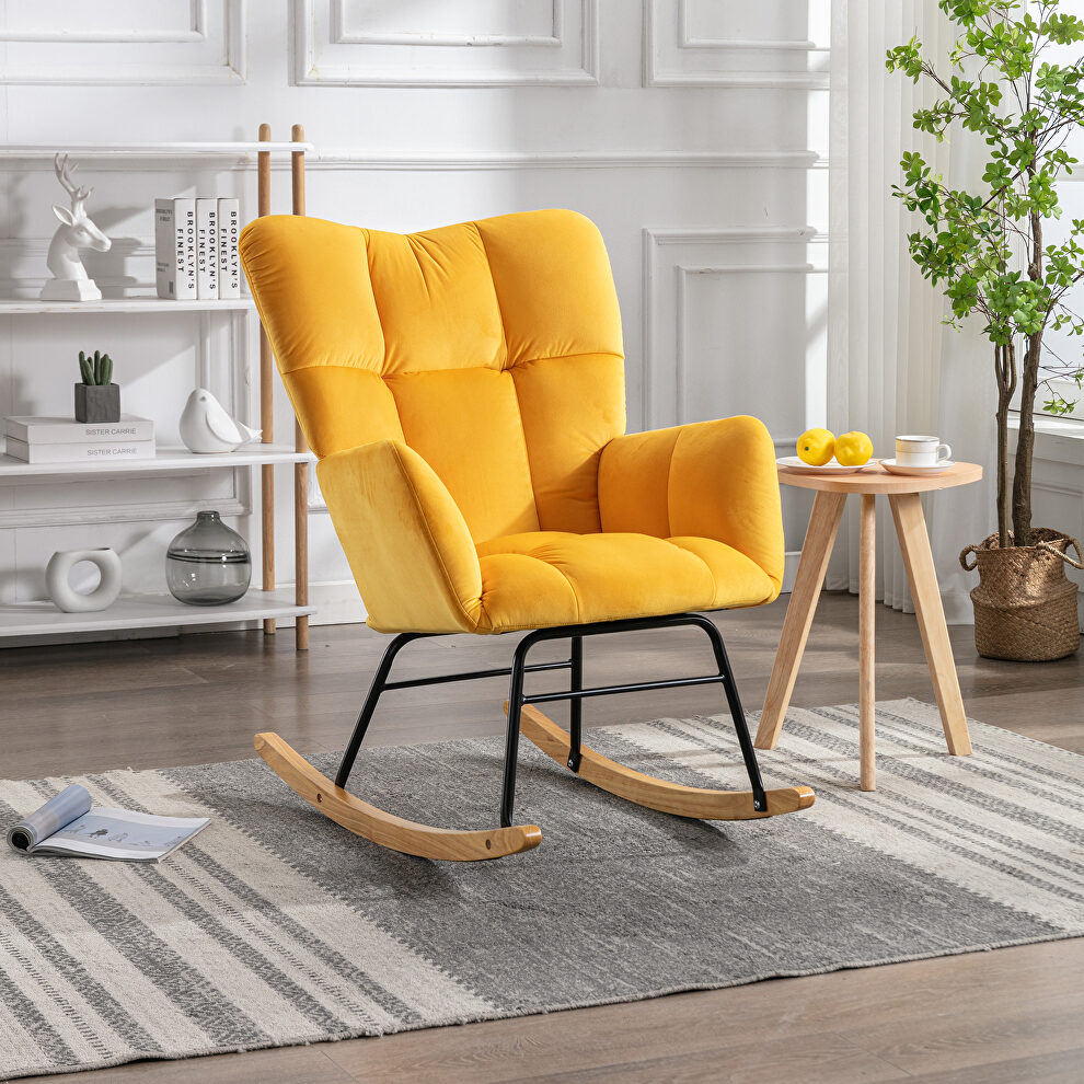 Mid-century modern velvet tufted upholstered rocking chair in yellow by La Spezia