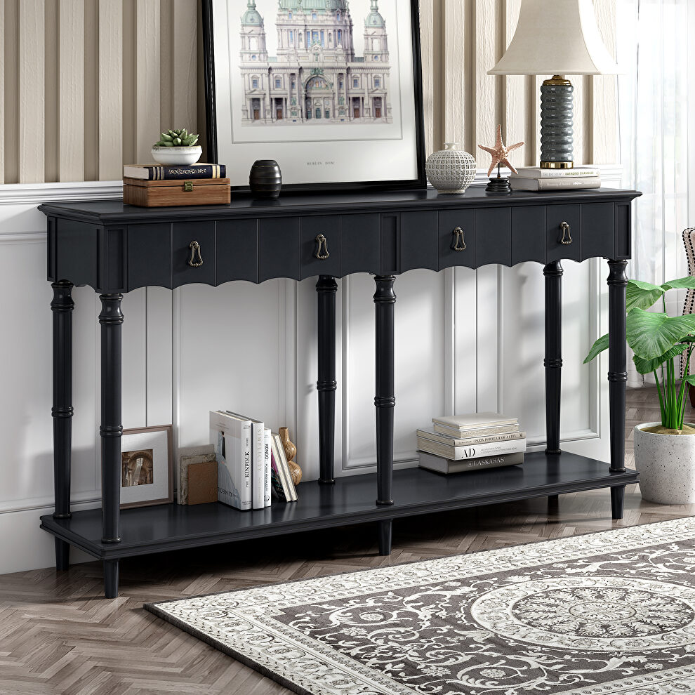 Antique black solid wood console table with 4 front storage drawers by La Spezia