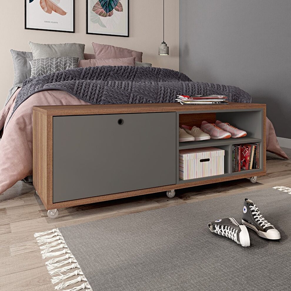 53.62 modern shoe rack bed bench with silicon casters in gray and nature by Manhattan Comfort