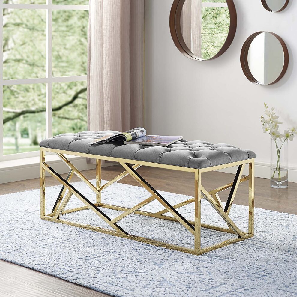 Gold gray luxuriously tufted velvet polyester fabric upholstery bench by Modway
