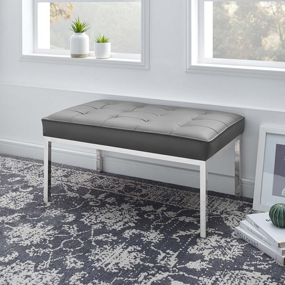Tufted medium upholstered faux leather bench in silver gray by Modway